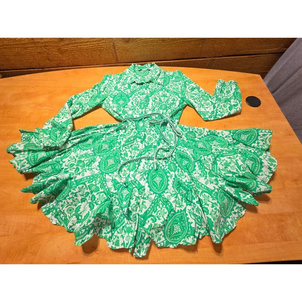 Zara Green White Damask Paisley Print Mini Shirt Dress Braided Belt Womens Sz M - Picture 4 of 8